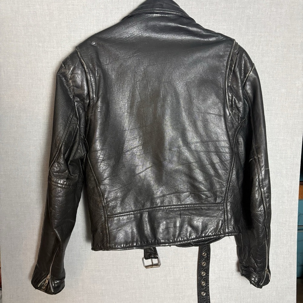 Vtg 90's Black Leather Moto Jacket  Heavy Weathered + Harley Trucker Wallet Sz L - Picture 11 of 16